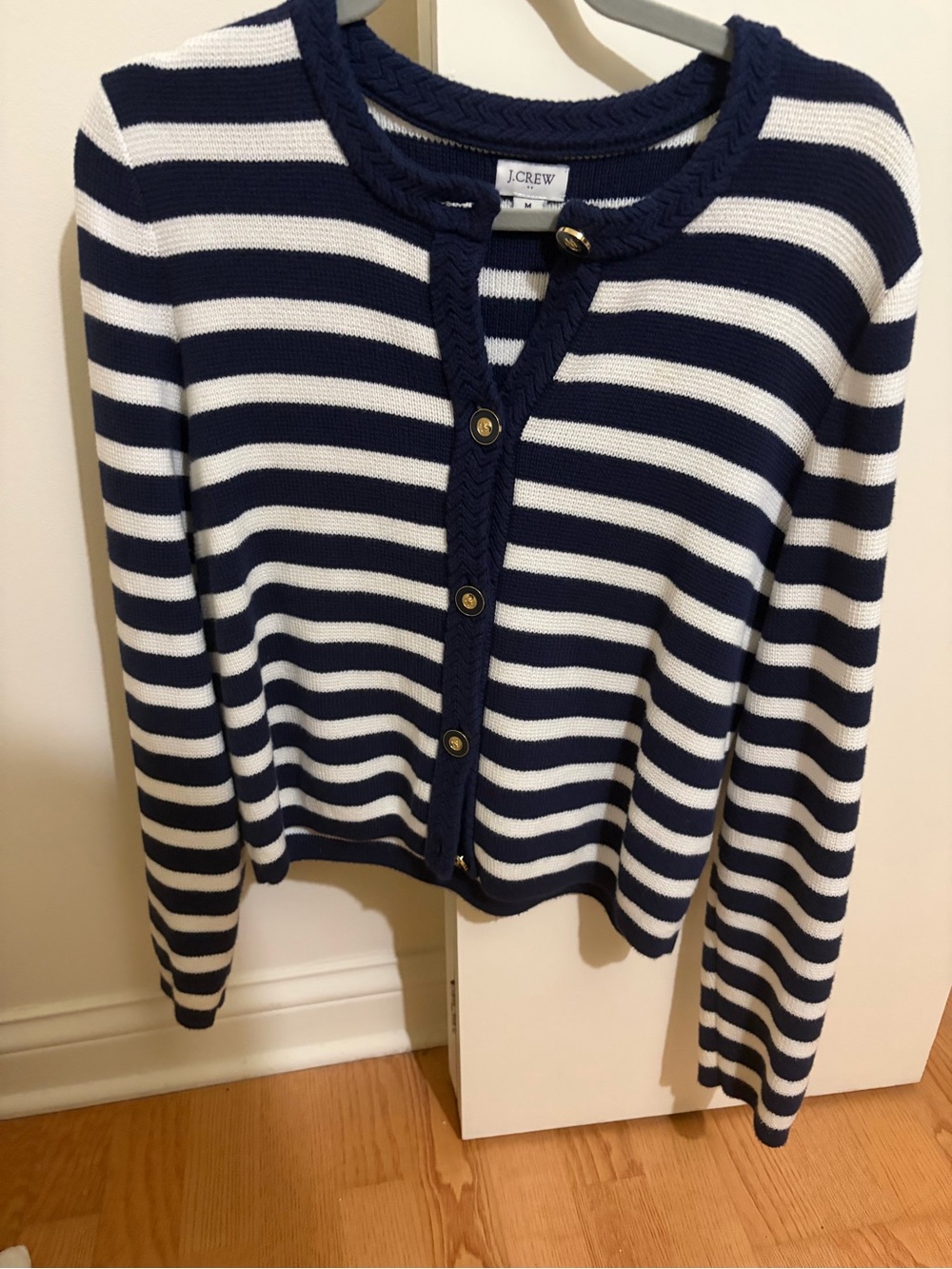 J. Crew Navy and White Striped Cotton Crewneck Cardigan